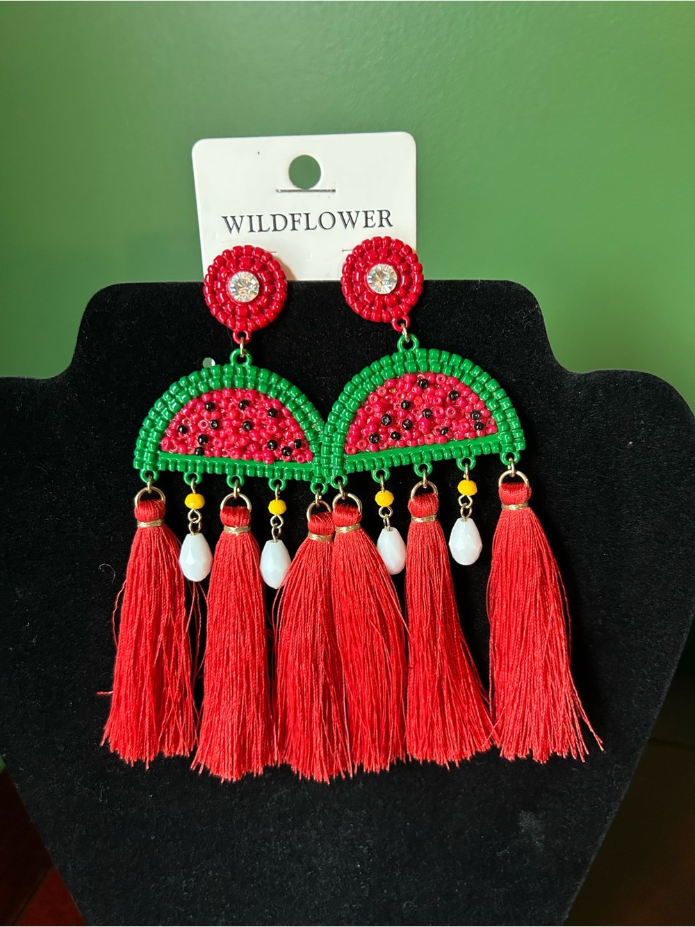 NWT Wildflower Beaded Watermelon Tassel Earrings - Red & Green